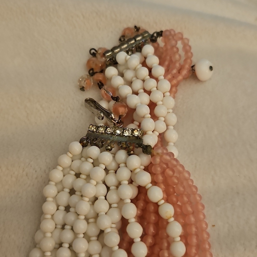 Vintage 1950s Multi-Strand Candy Pink and White Milk Glass Beaded Necklace - Picture 12 of 12